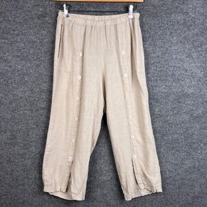 Fenini Women Linen Button Front Cropped Wide Leg‎ Pants Beige Size S